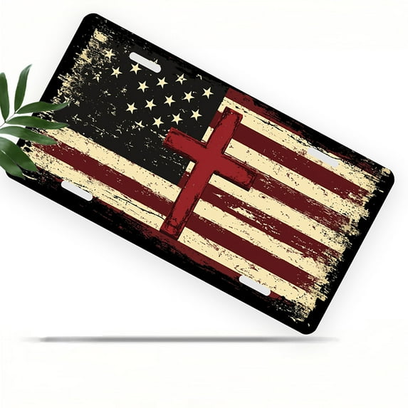 Cross on American Flag Design Front License Plate, Metal License Plate, Funny Standard Plates Personalized Novelty Decorative For Men/Women/Boys/Girls Car 6×12 Inch