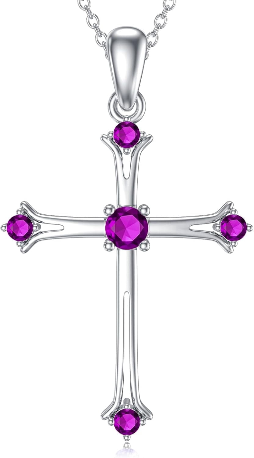 Cross Amethyst Birthstone Necklace 925 Sterling Silver Cross Pendant Necklace with February Birthstone Faith Religious Birthday Jewelry Gift for Women Her