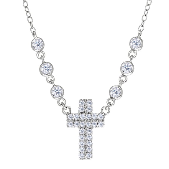 Cross And CZ Necklace In Sterling Silver, 18"
