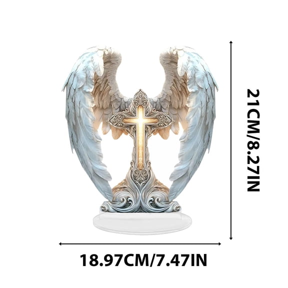 Cross Angel Figurines with Wings,2026 Gorgeous 2D Acrylic Boho Style Angel Decoration, Gracefully Wings Wrap Around The Cross Desk Decorations for Women Office, Bedroom, Living Room