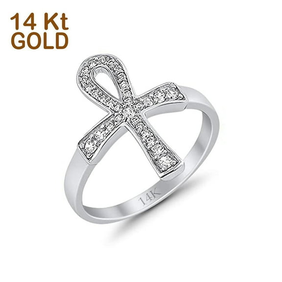 Cross Ankh Eternity Ring Round CZ 925 Sterling Silver Size 4