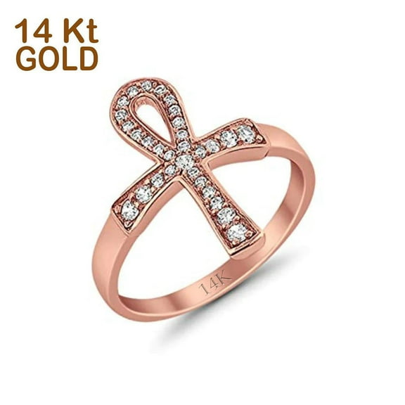 Cross Ankh Eternity Ring Round Rose Tone CZ 925 Sterling Silver Size 7