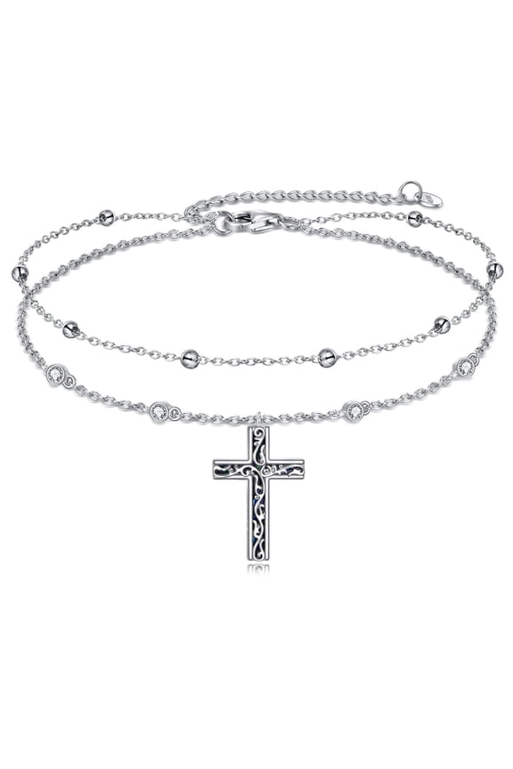 Cross Ankle Bracelets Sterling Silver Religius Double Chain Anklets Abalone Christian Baptism Layered Anklet Jewelry Gifts for Women