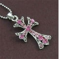 thumbnail image 1 of Cross Antique Style Fuchsia Pink Stones Necklace Ball Chain Pendant Silver Tone, 1 of 1