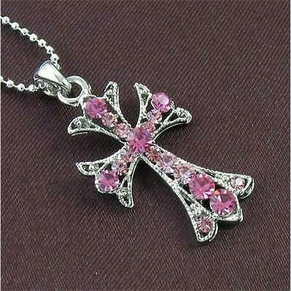 Cross Antique Style Fuchsia Pink Stones Necklace Ball Chain Pendant Silver Tone