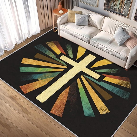 Cross Area Rugs, Christian Geometric Pattern Carpet, Washable Non Slip Low Pile Soft Rug for Living Room Bedroom Decor Mat 5x6ft