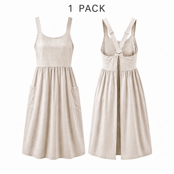 Cotton Linen Adjustable Cross Back Apron Pinafore Dress with 2 Pockets for Cooking Baking Gardening Painting,Gift,Beige