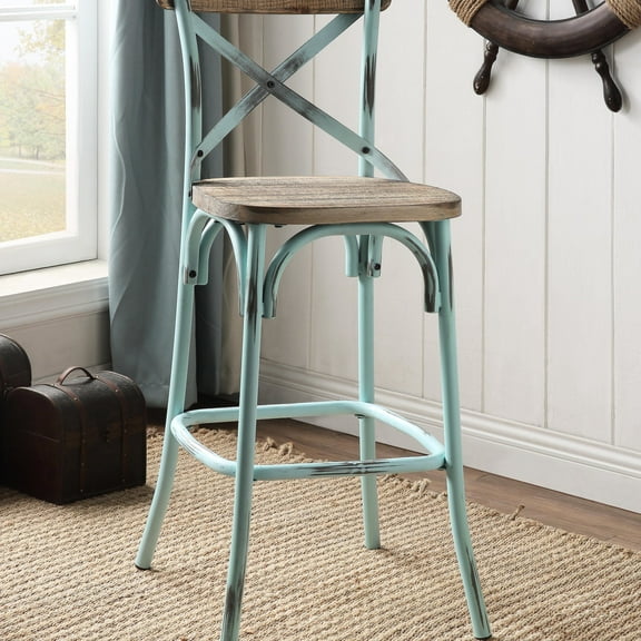 Cross Back Bar Stool - Vintage Look In Antique Oak, Base, Footrest Support, 43.5" Height X 18.5" Width 20.5" Depth Vintage-style Oak Four Legged Comfortable Wood Seat, Metal Back, 20.5 Inches Deep