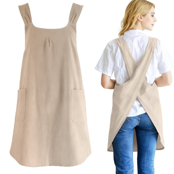 Cross-Back Cotton Apron with Pockets, No-Tie Kitchen Apron, Adjustable Soft Cooking Apron for Women, Ideal for Baking, Gardening, Café & Restaurant Use