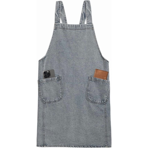 Cross-Back Cotton Denim Apron for Women and Men, Jean Kitchen Apron with 2 Pockets, Adjustable, for Gardening Cafe Work-lightblue-