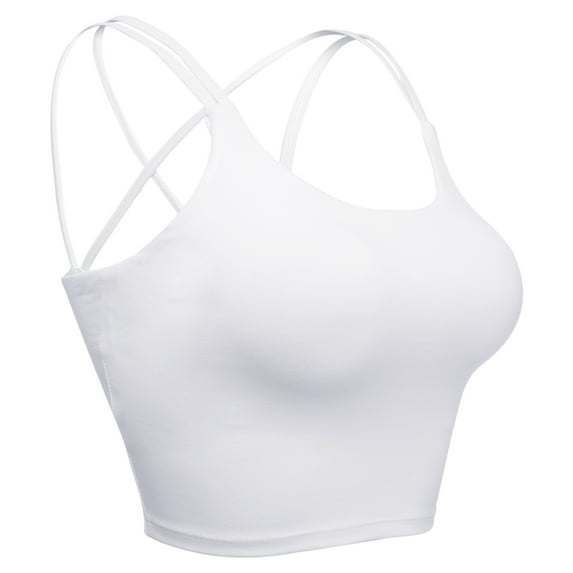 Cross Back Sport Bras, Padded Strappy Cross Cropped Bras for Yoga Workout Fitness Low Impact, White, XS