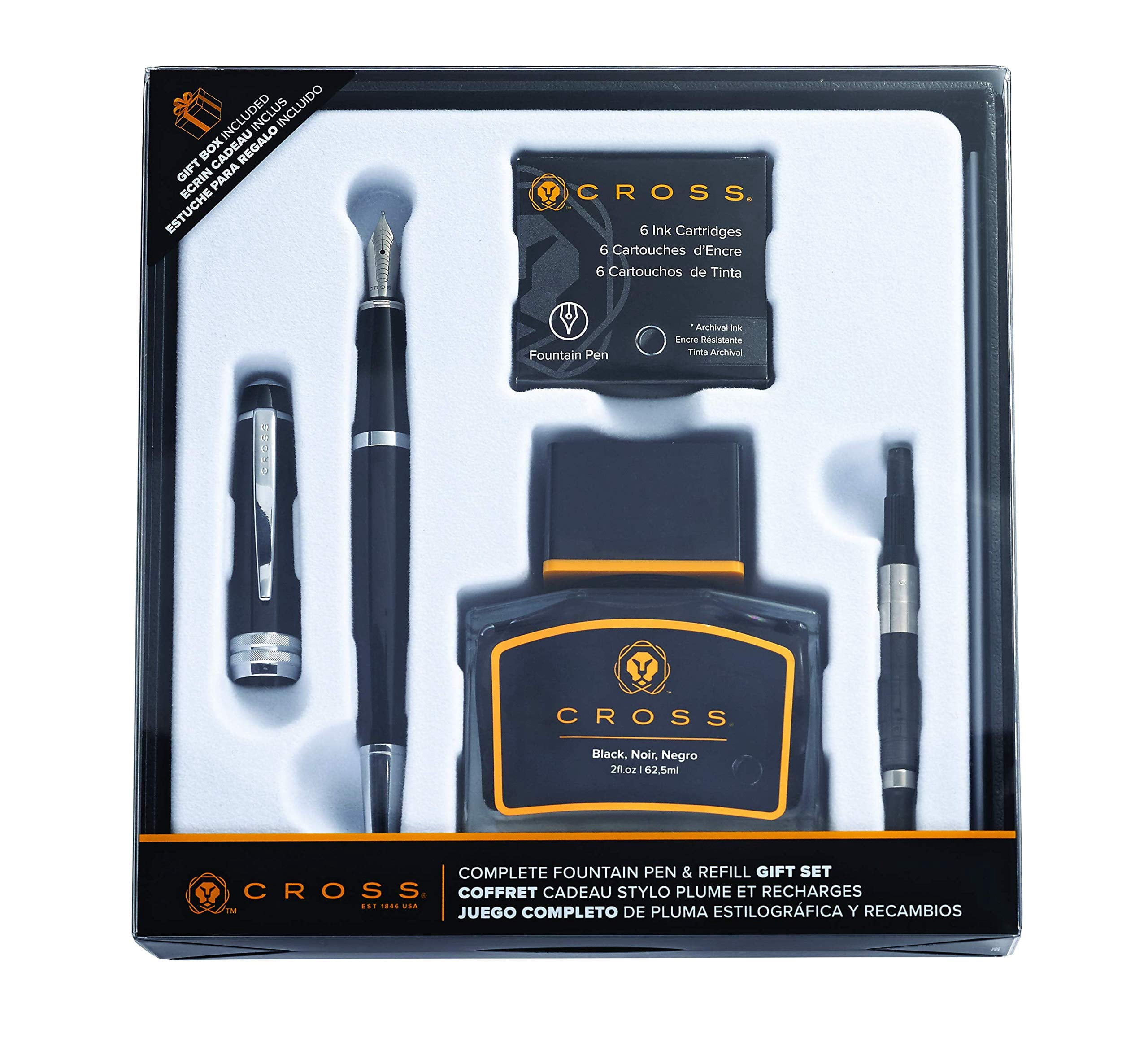 Cross Bailey Refillable Fountain Pen, Medium Nib Gift Set, Includes Fountain Pen, Ink Cartridges, Bottle Ink, Converter, Premium Gift Box - Black