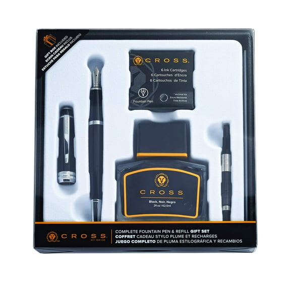 Cross Bailey Refillable Fountain Pen, Medium Nib Gift Set, Includes Fountain Pen, Ink Cartridges, Bottle Ink, Converter, Premium Gift Box - Black
