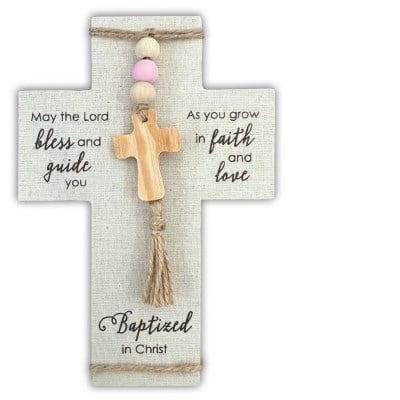 Abbey Plus CA Gift 389971 Baptism Fabric Wrapped Baptized In Christ Cross, Pink - 5 x 7.5 in.