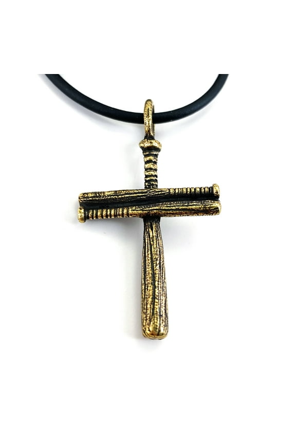 Cross Baseball Small (wcldb)Pewter Bat Plain Necklace Antique Brass Finish Softball
