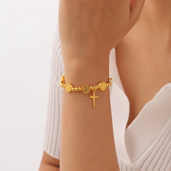 Cross Bead Charm Link Chain Bracelet for Women-Dainty 14K Gold Plated Virgin Mary Charm Bracelets Jewelry Gifts