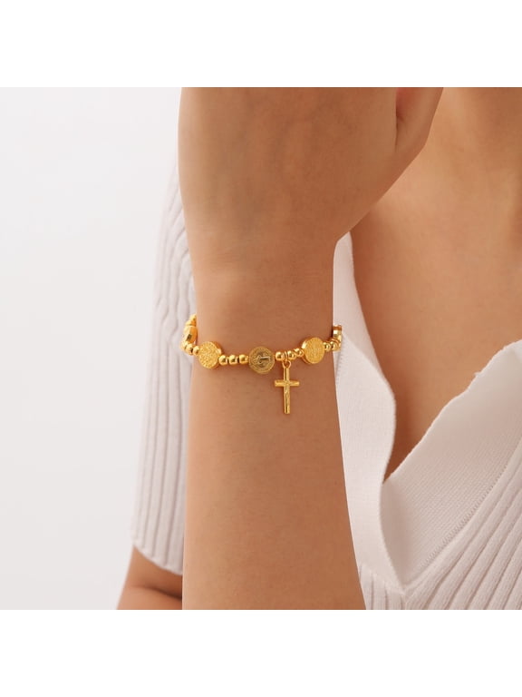 Cross Bead Charm Link Chain Bracelet for Women-Dainty 14K Gold Plated Virgin Mary Charm Bracelets Jewelry Gifts