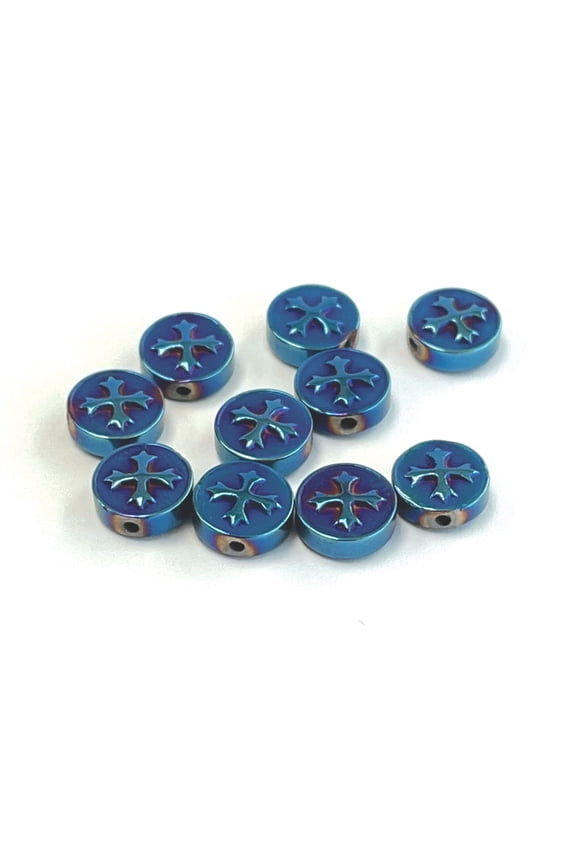 Cross Beads Bulk, Hematite 8mm, Round Beads For Bracelets Crafting, Gift For Beader, DIY Jewelry Supplies, 10 pcs, Blue