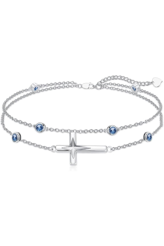 Cross Birthstone Bracelet Anklet for Women 925 Sterling Silver Birthday Jewelry for Wife Girlfriend Mom Her
