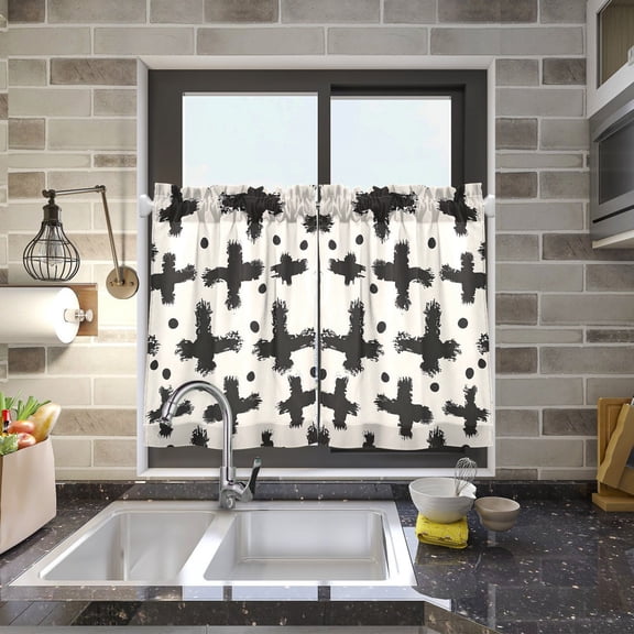 Cross Black Kitchen Curtains Half Tier Curtain 2 Rod Pockets Bathroom Bedroom Cupborad Living Room 27"x24"