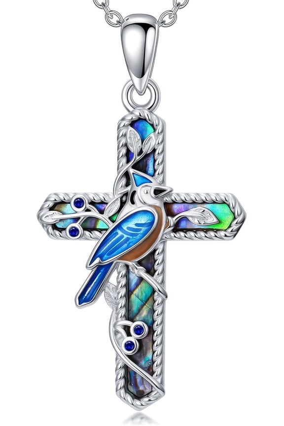 Cross Blue Jay Necklace for Women 925 Sterling Silver Blue Bird Pendant Necklaces Abalone Memorial Jewelry for Women Bird Lovers