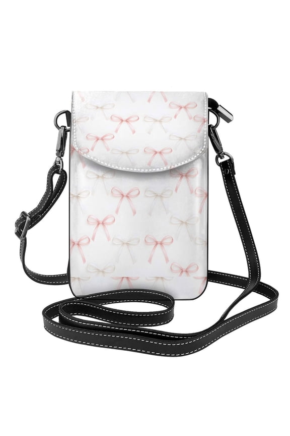 Cross-Body Bag Flip Phone Bag 7.6inx4.9in Durable Waterproof Pu Leather Small Size But Spacious Magnet Button Pink And White Bow Tie