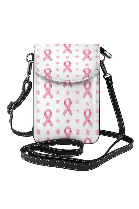 Cross-Body Bag Flip Phone Bag 7.6inx4.9in Durable Waterproof Pu Leather Small Size But Spacious Magnet Button Classic Pink Ribbon Pattern With Decorative Elements