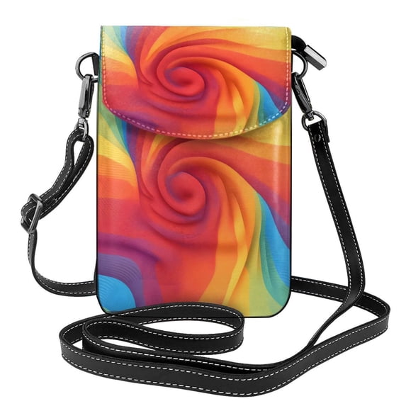 Cross-Body Bag Flip Phone Bag 7.6inx4.9in Durable Waterproof Pu Leather Small Size But Spacious Magnet Button Red Tie Dye Background Rainbow Colors (2)