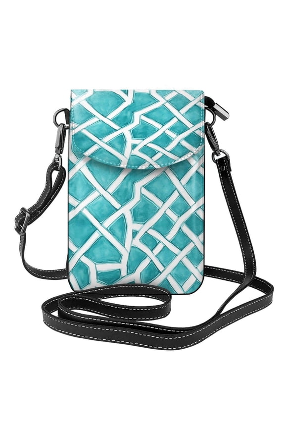 Cross-Body Bag Flip Phone Bag 7.6inx4.9in Durable Waterproof Pu Leather Small Size But Spacious Magnet Button Turquoise Moroccan Trellis Hand-Drawn Sketch_62922_4