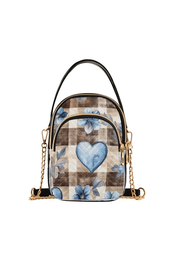 Cross Body Fashion Shoulder Waist Purse Bags Blue Floral Hearts on Check Pocket Handbags