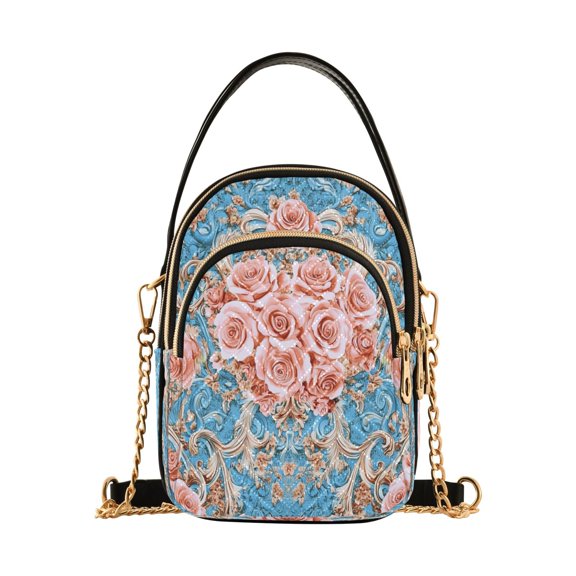 Cross Body Fashion Shoulder Waist Purse Bags Blush Roses on Aqua Pocket Handbags