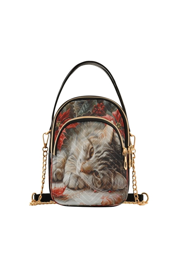 Cross Body Fashion Shoulder Waist Purse Bags Cat with Poinsettias Pocket Handbags