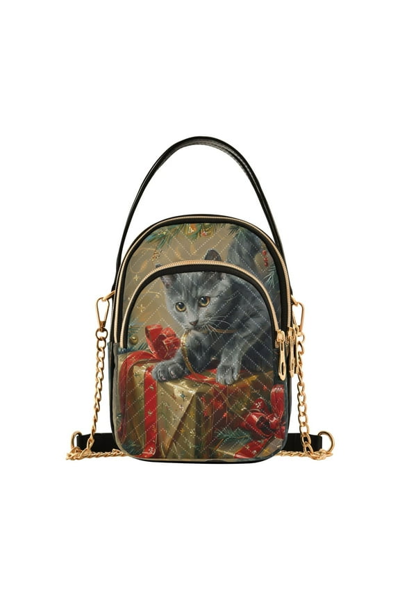 Cross Body Fashion Shoulder Waist Purse Bags Playful Gray Kitty Among Presents Pocket Handbags