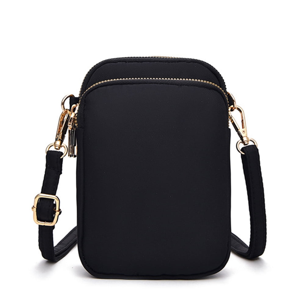 Cross Body Phone Bag Women, Nylon Ladies Mobile Phone Bags Purse Mini 3  Layers Zipper Shoulder Wallet Bag with Adjustable Strap(Black)