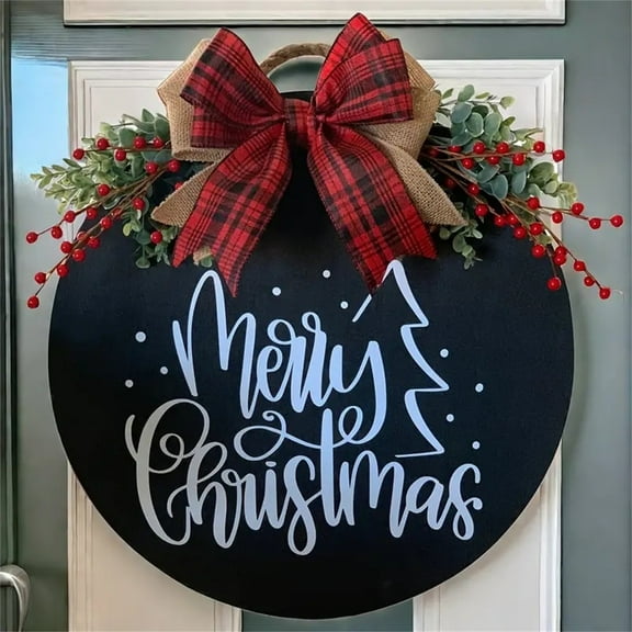 Cross-Border Christmas Welcome Door Sign with Festive Ribbon and Wreath, Merry Christmas Design for Hanging Ornament, Holiday Displays and Seasonal Styling-Black
