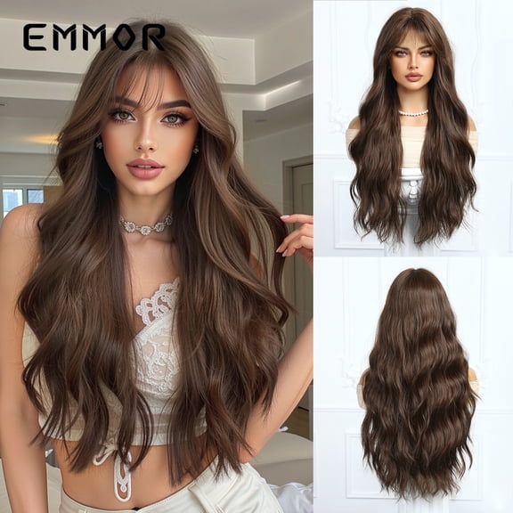 Cross-Border Foreign Trade New Product Air Bangs Natural Black Water Wave Long Curly Hair Fashion High Crown Wig Full Head Set for Women