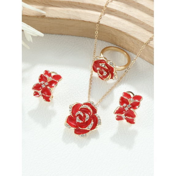 Cross-Border Jewelry Set - Black Rose and Camellia Flower Earrings, Necklace, and Ring Set