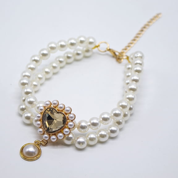 Cross-Border Pet Double-Layered Pearl Collar Necklace, Imitation Pearl Rhinestone Alloy Adjustable Length Sizes Xs To Xl For Cats Dogs Small Medium Pets, Cute Princess Heart