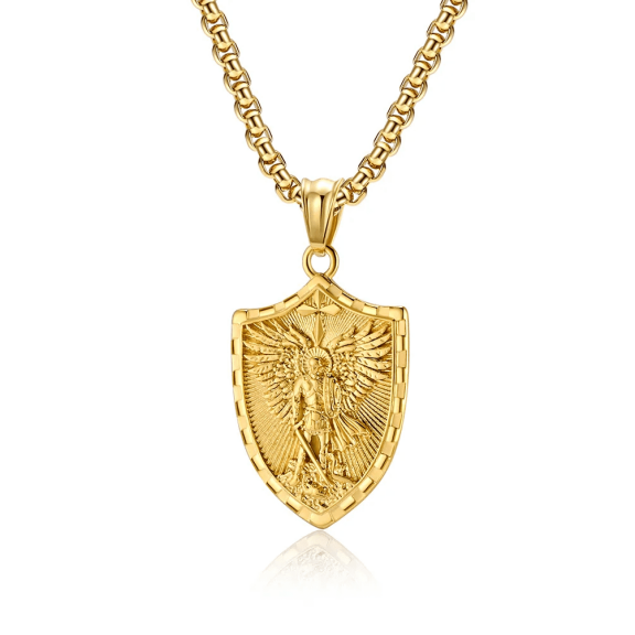 Cross-Border Saint Michael Archangel 14K Yellow Gold Necklace Men's European and American Retro Shield Pendant Jewelry