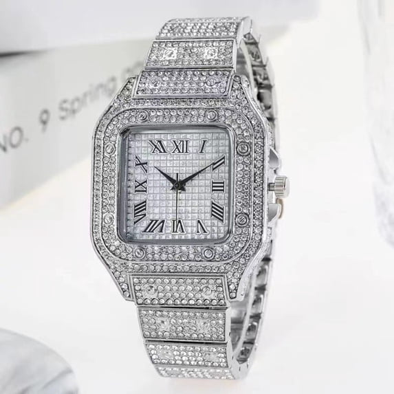 Cross-Border Square Watch Starry Steel Belt Diamond-Embedded European and American Men's Roman Scale Starry Fashion Quartz Watch