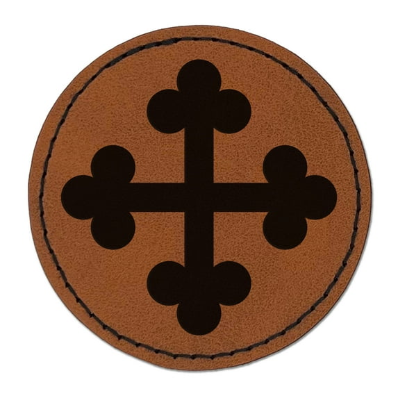 Cross Bottony Trefoil Buds 2.5" Faux Leather Round Engraved Iron-On Patch - Brown