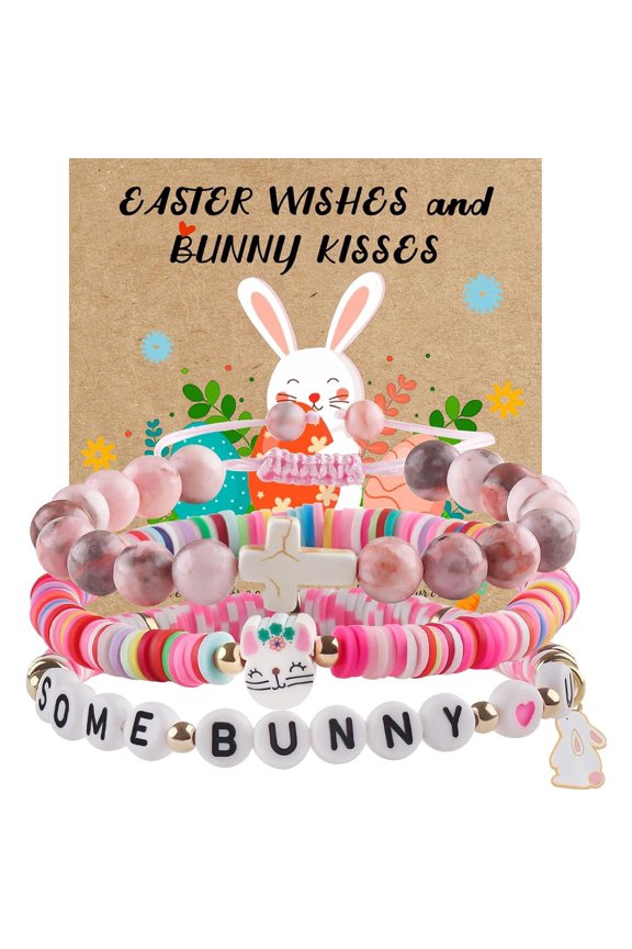 Cross Bracelet Easter Basket Stuffers | Imperial Jasper & Clay Bunny Bracelet | Christian Baptism First Communion Confirmation Gifts for Girls Granddaughter Daughter Niece