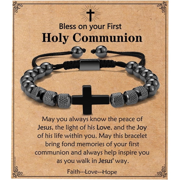 Cross Bracelet Gifts For Men Boys, Adjustable Obsidian Beads Bracelet Christian Religious Jewelry First Communion Confirmation Bapstim Gifts For Teenage Son Grandson Father's Day Gifts For Dad Husband