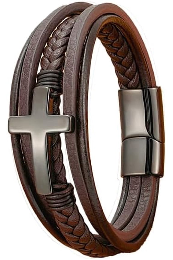 Cross Bracelet for Man,Stainless Steel Cross Multi-Layer Braided with Stainless Steel Buckle Men's Cuff Bracelet Genuine Leather Wristband Religious Brown Leather Bracelet