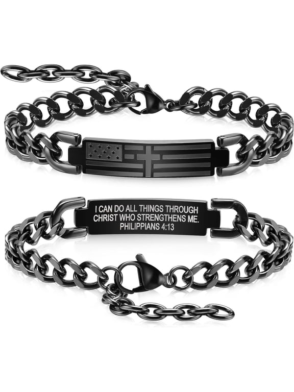 Cross Bracelet For Men - Black Bible Verse Stainless Steel Chain Mens American Flag Bracelet Birthday Gift Ideas First Communion Confirmation Baptism Christian Easter Gifts