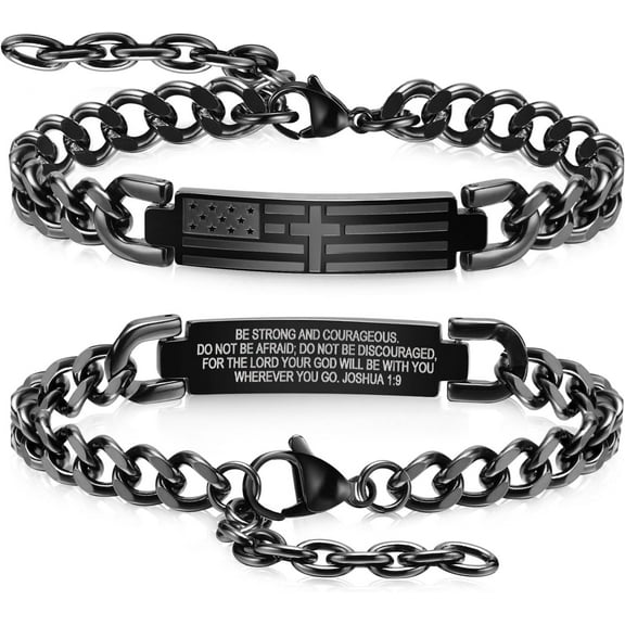 Cross Bracelet For Men - Black Bible Verse Stainless Steel Chain Mens American Flag Bracelet Birthday Gift Ideas First Communion Confirmation Baptism Christian Easter Gifts