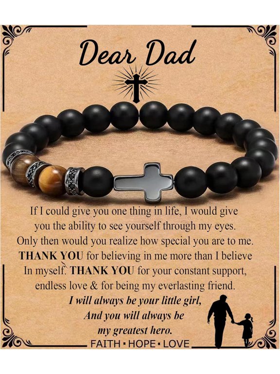 Cross Bracelet for Men Father Dad Husband Son Brother Boyfriend Father's Day Baptism Communion Birthday Graduation Anniversary Christmas Christian Black Tiger Eyes Beads Gift for Man