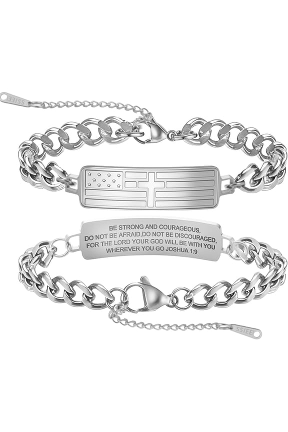 Cross Bracelet for Men Stainless Steel American Flag Bracelet Bible Verse Patriotic Independence Day Communion Confirmation Baptism Christian Gifts for Teens