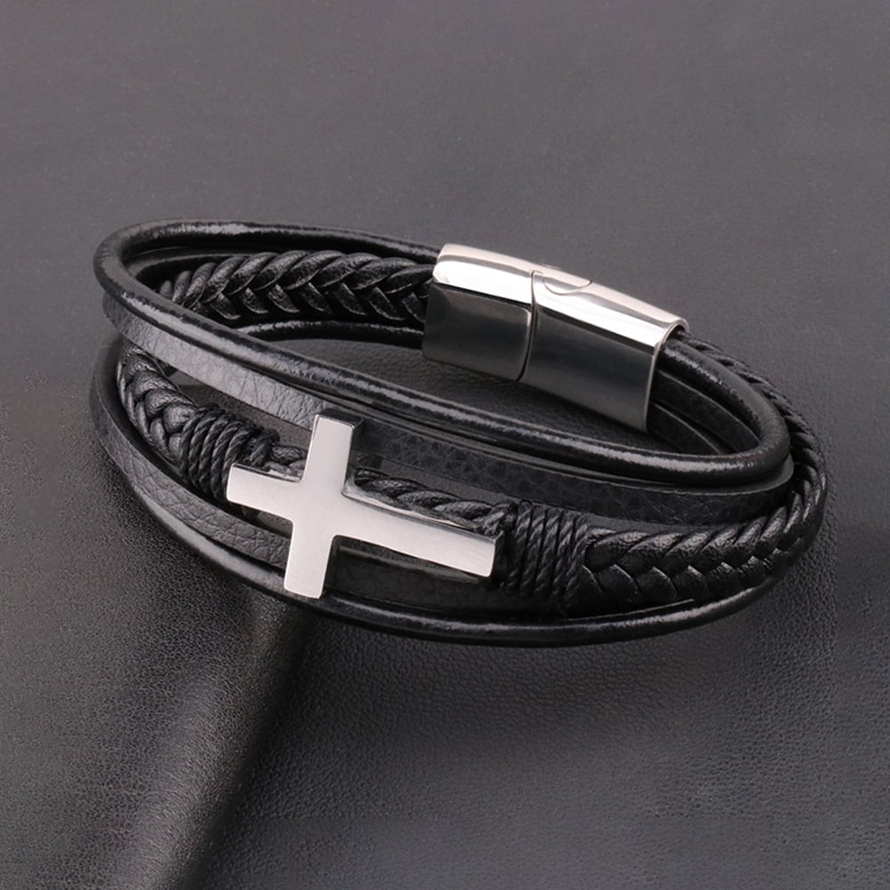 Men's Black Adjustable Cross Bracelet, Punk Style Wristband