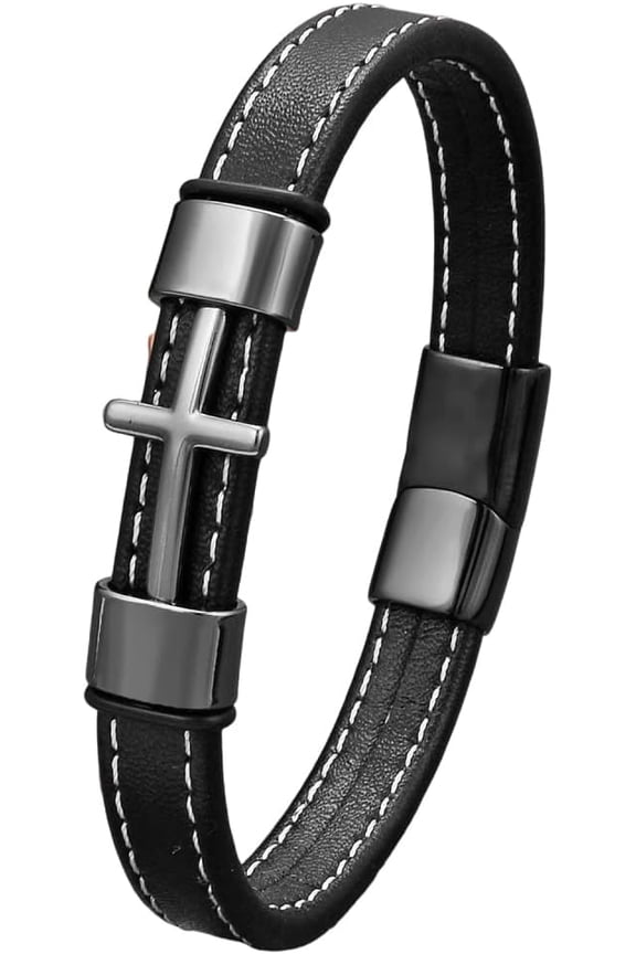 Cross Bracelet for Men Black Leather Christian Cross Bracelets Rope Cuff Bracelet Birthday Christmas Graduation Gifts for Him